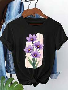 Women's Tops, Women's T-Shirts, Mother's Day, Casual Blouses For Ladies, Women's Tops, 2000s Style, Short-Sleeved Round Neck T-Shirt For Women With A Fresh And Natural Touch And Purple Floral Print, Perfect For Casual Wear In Spring And Summer, Ideal As A Holiday Gift. - 黑色 - 查看 1