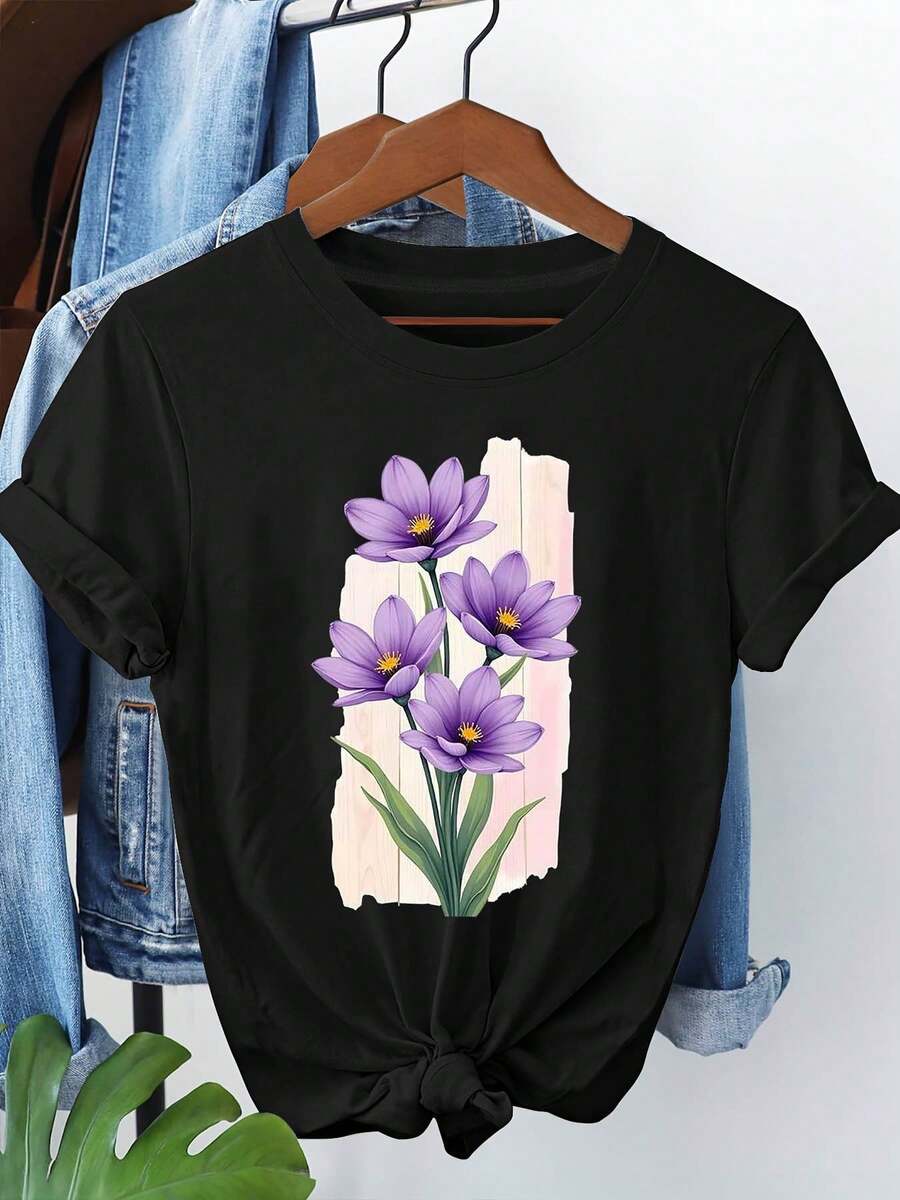 Women's Tops, Women's T-Shirts, Mother's Day, Casual Blouses For Ladies, Women's Tops, 2000s Style, Short-Sleeved Round Neck T-Shirt For Women With A Fresh And Natural Touch And Purple Floral Print, Perfect For Casual Wear In Spring And Summer, Ideal As A Holiday Gift. - 黑色 - 查看 1
