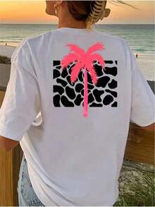 1 Piece Women's Oversized Graphic T-Shirt, Neon Pink Palm Tree Print Tee, Casual Loose Fit, Short Sleeve, Round Neck, Cotton Blend, Long Cow Print Tunic With Drop Shoulders, Ideal For Beach Vacation, Summer & Coastal Outfits, 180g 100% Cotton. - 白色 - 查看 6