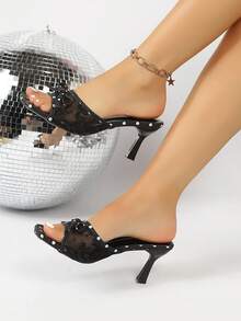 Black & White Open Toe Mesh Breathable High Heel Sandals, Versatile Minimalist Chunky Heel Sandals Suitable For Women In Summer - Black - View 6