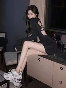 Women Midi Dresses - Black - View 2