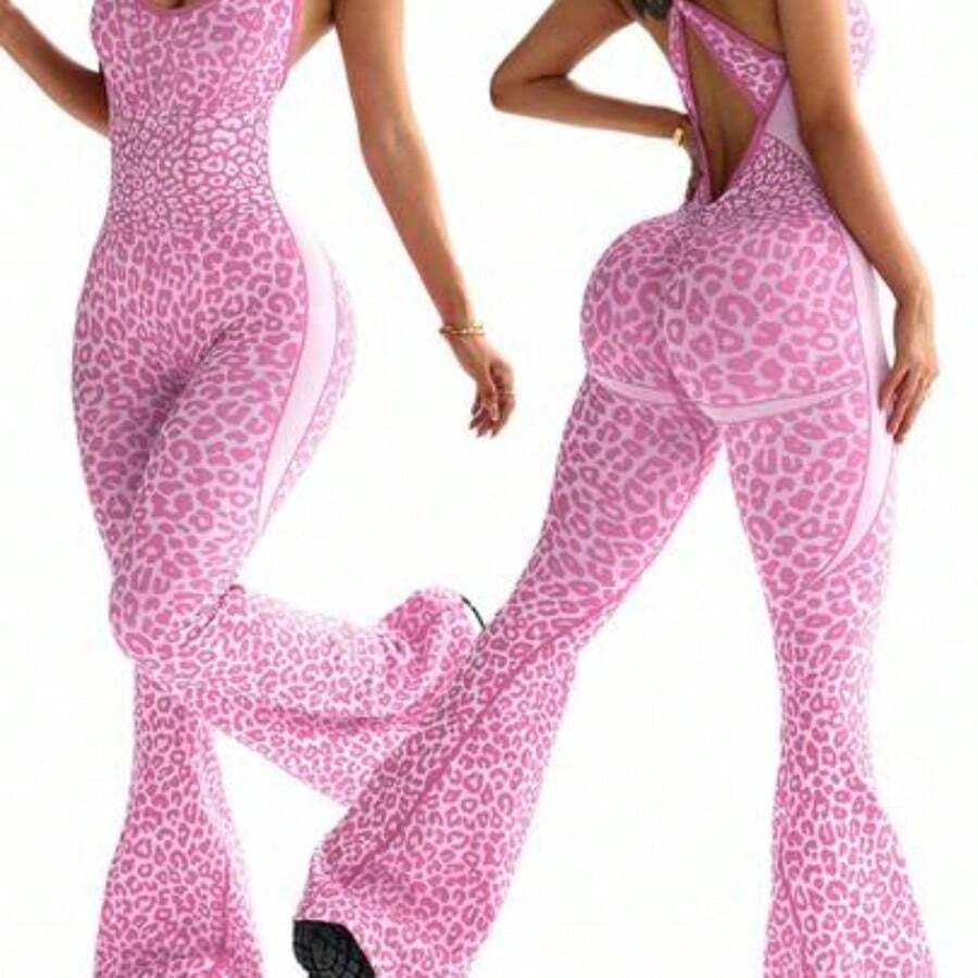 Slayform 1pc Leopard Print Twisted Back Deep V Flare Jumpsuit Leopard Jumpsuit Flared Leggings Jumpsuit Flare Yoga Jumpsuit Pink Leopard Print Jumpsuit Pink Cheetah Print Jumpsuit Flared Cheetah Print Jumpsuit Jumpsuit For Women Workout - Rosa Fucsia - Ver 1