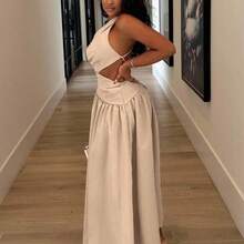 New Asymmetrical Hollow-Out Backless Criss-Cross Strap Detail Long Dress, Casual Resort Style, Spring/Summer - B - Color caoba - Ver 5