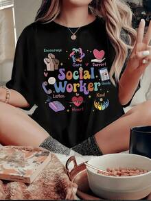 Y2K Women's Stylish Cartoon Print T-Shirt, Short Sleeve, Round Neck, Casual Wear For All Seasons | Fashionable Casual Clothing | Loose, Casual, And Versatile T-Shirt With  Letter Print - 黑色 - 查看 2