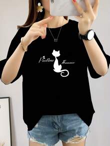 Simple And Versatile Unisex Design [Korean Style] Women's Short Sleeve T-Shirt With Cat Back Print - Loose And Modern Pure Cotton T-Shirt - 白色 - 查看 1
