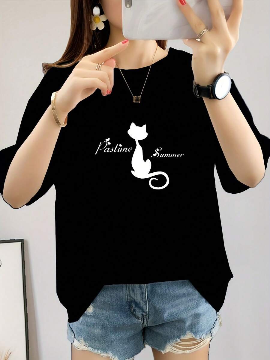 Simple And Versatile Unisex Design [Korean Style] Women's Short Sleeve T-Shirt With Cat Back Print - Loose And Modern Pure Cotton T-Shirt - 白色 - 查看 1