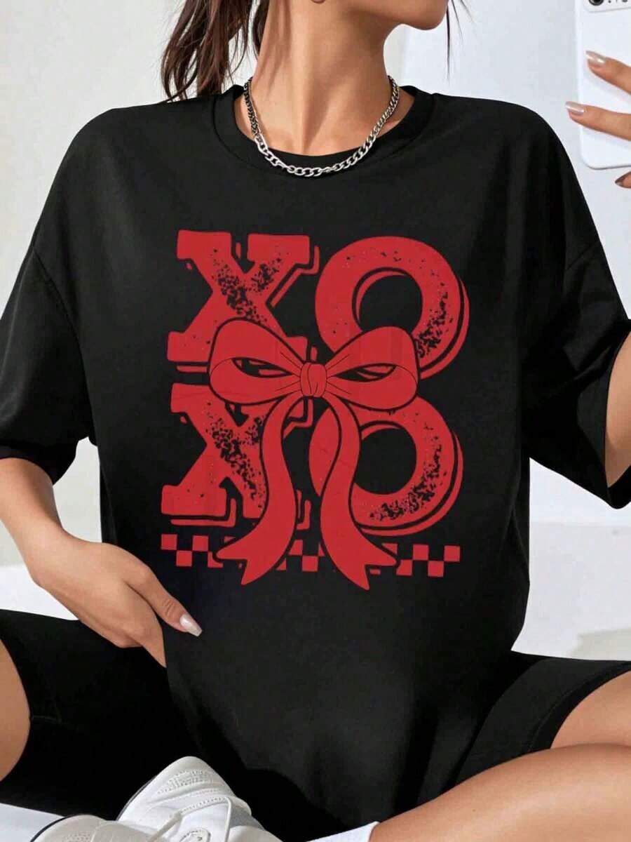 Women's Oversized T-Shirt With Xo Xo Bow Print, Casual Loose Fit, White Blouse, Urban Fashion Graphic Tee, Valentine's Day Gift - 黑色 - 查看 1