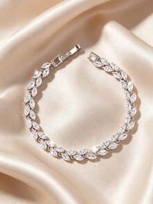 1 chiếc vòng tay hình lá đính đá Cubic Zirconia sang trọng, phù hợp cho nữ giới đeo hàng ngày và dự tiệc. - Bạc - Xem 7