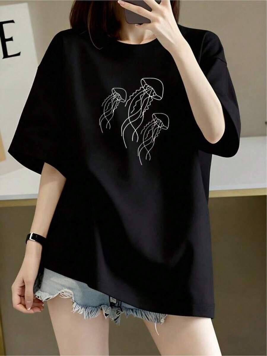 Camiseta negra informal de manga corta con cuello redondo para hombre,Camisetas Para Mujer Camiseta minimalista negra diseño medusas estilo moderno versátil comodidad cotidiana para jóvenes talla única color negro moda urbana  2023 - Negro - Ver 1