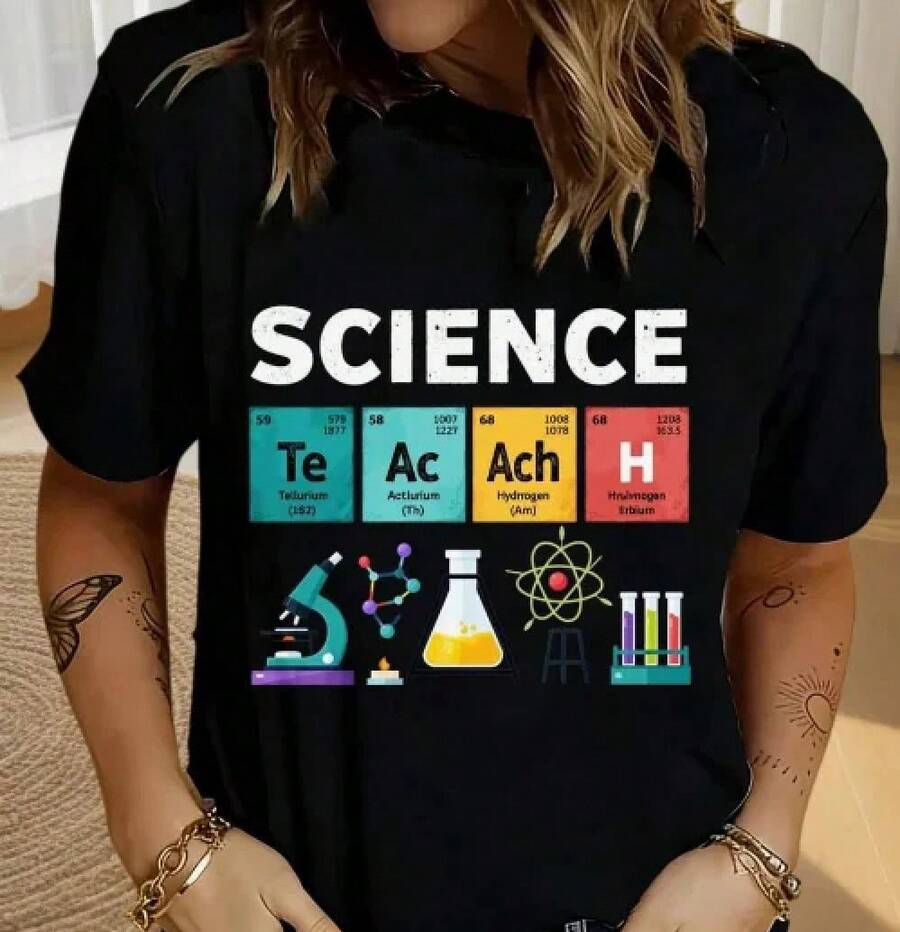 Nisex Casual T-Shirt With Creative Chemical Elements Letter Print, Men's Short Sleeve Crew Neck T-Shirt, Urban Vintage Style, Unisex, Loose Cotton - 黑色 - 查看 1
