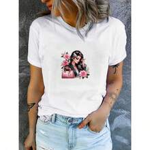 Women's Rose Print T-Shirt, Round Neck, One Size, Everyday Wear, Modern Retro Style, Loose And Simple, Vintage Urban Style, Unisex, Cotton, Short Sleeve, Round Neck - 白色 - 查看 1