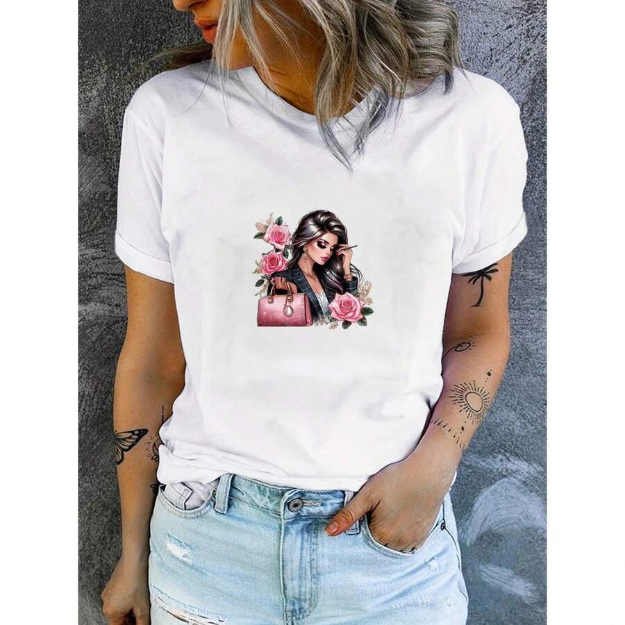 Women's Rose Print T-Shirt, Round Neck, One Size, Everyday Wear, Modern Retro Style, Loose And Simple, Vintage Urban Style, Unisex, Cotton, Short Sleeve, Round Neck - 白色 - 查看 1