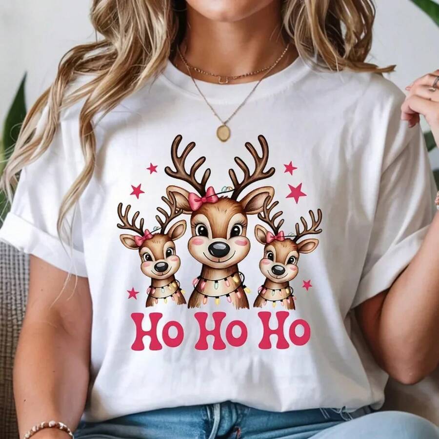 HOHOHO Cute Women's Cartoon Reindeer Print Christmas T-Shirt, Casual Everyday Wear, Christmas T-Shirt, Vintage Urban Style, Unisex, Cotton, Short Sleeve, Round Neck, Loose Fit - 白色 - 查看 1