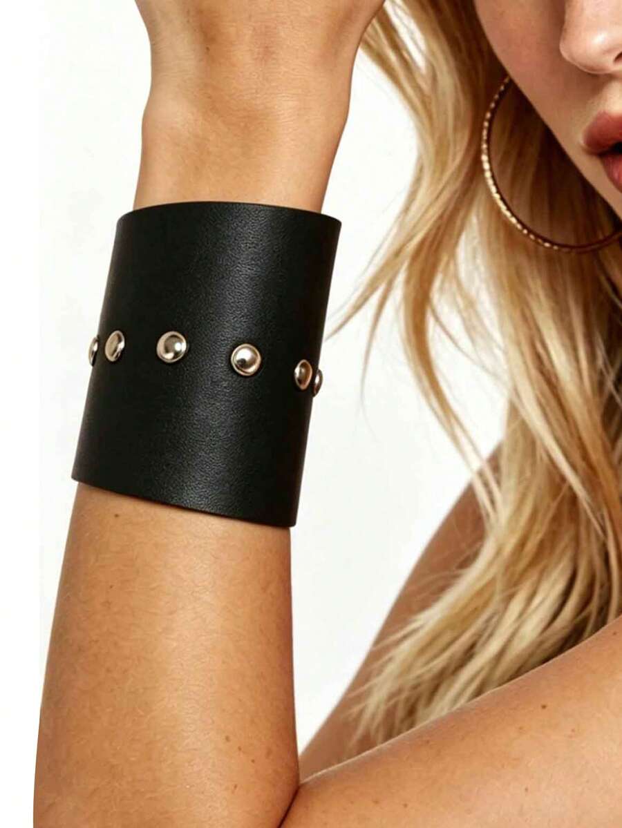 1pc Dark Gothic Metal Buckle Bracelet, Vintage Punk Style Adjustable Wristband, Subculture Fashion Wide Minimalist Exquisite Leather Bangle - Multicolor - View 1