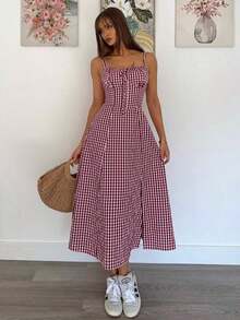 Vestido a media pantorrilla con tirantes a cuadros para mujeres, de moda y apropiado para el verano - Burdeos - Ver 6