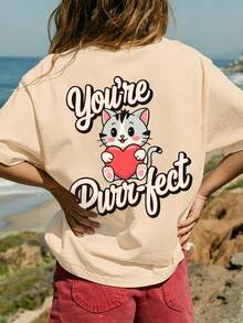 1 pieza Camiseta de niña con estampado de gato lindo, patrón "Eres Purr-Fect", manga corta, tela suave y cómoda, top casual para uso diario - Albaricoque - Ver 7