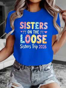 Women's Printed Short-Sleeved Camisole, 100% Cotton, From The Original Sisters On The Loose Brand, Red Round Neck, Loose Fit, Casual Style, Perfect For Outings With Friends And Everyday Wear. Soft - 藍色的 - 查看 7