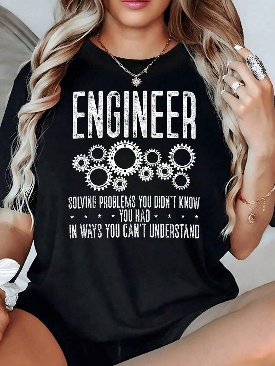 100% Cotton. Mechanical Gears Symbolizing Ingenuity And Creativity In Solving Invisible Challenges. Women's T-Shirt, 100% Cotton, 220g. Women's Simple Solid Color T-Shirt, Loose And Slim Fit Casual Short Sleeve - 黑色 - 查看 1
