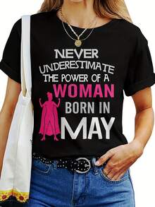 SuavePlus Plus Size Women's T-Shirt "Never Underestimate A Woman Born In May" - Birthday And Mother's Day Gift, Casual Crew Neck T-Shirt With Birth Month Sign, Elegant And Stylish - Comfortable Crew Neck Top, New Arrival - 黑色 - 查看 1