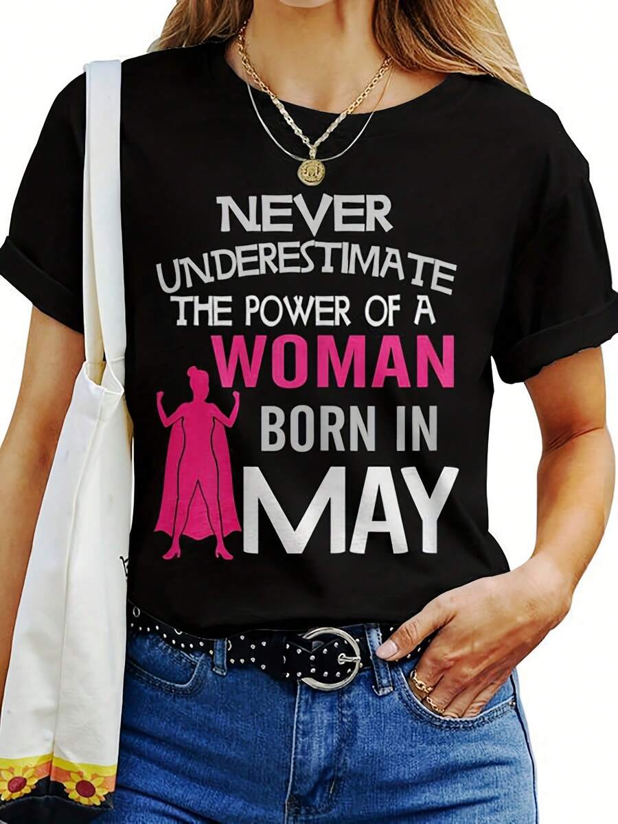 SuavePlus Plus Size Women's T-Shirt "Never Underestimate A Woman Born In May" - Birthday And Mother's Day Gift, Casual Crew Neck T-Shirt With Birth Month Sign, Elegant And Stylish - Comfortable Crew Neck Top, New Arrival - 黑色 - 查看 1