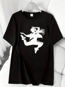T-Shirt With A "Dancing Girl" Dance Element Print And Custom Style. Available In 6 Colors, Short Sleeves, Round Neck, High-Stretch Casual Sports Top. Machine Washable. Suitable For Spring And Summer. Can Be Worn In All Seasons. Women's Clothing. Elegant Party Outfit, T-Shirt For Elegant Ladies, Blouses Suitable For Curvy Women, Casual Wear, Cool And Sweat-Free Summer Wear, Fun Letter Print. - 黑色 - 查看 6