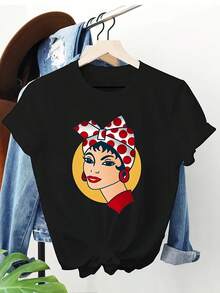 Lady, Elegant Party Outfit, T-Shirt For Elegant Ladies, Blouses Suitable For Curvy Women, Casual Clothing, Cool And Sweat-Free Clothing In Summer, Fun Letter Print - 黑色 - 查看 6