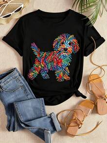 Women's Short Sleeve T-Shirt With Puppy Print And Rainbow Stripes | White Base With Creative Graffiti Style Pet Pattern + Adorable Rejuvenating Design, Loose And Breathable T-Shirt For Pet Lovers, Women's T-Shirt - 黑色 - 查看 2