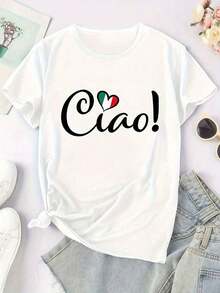 Soft 100% Cotton T-Shirt. Stylish Italian Ciao! Heart Print T-Shirt | Women's Casual Short Sleeve Crew Neck T-Shirt, Stretchy, Washable, Comfortable Fit For All Seasons, Breathable, Cotton, Versatile And Cool - 白色 - 查看 3