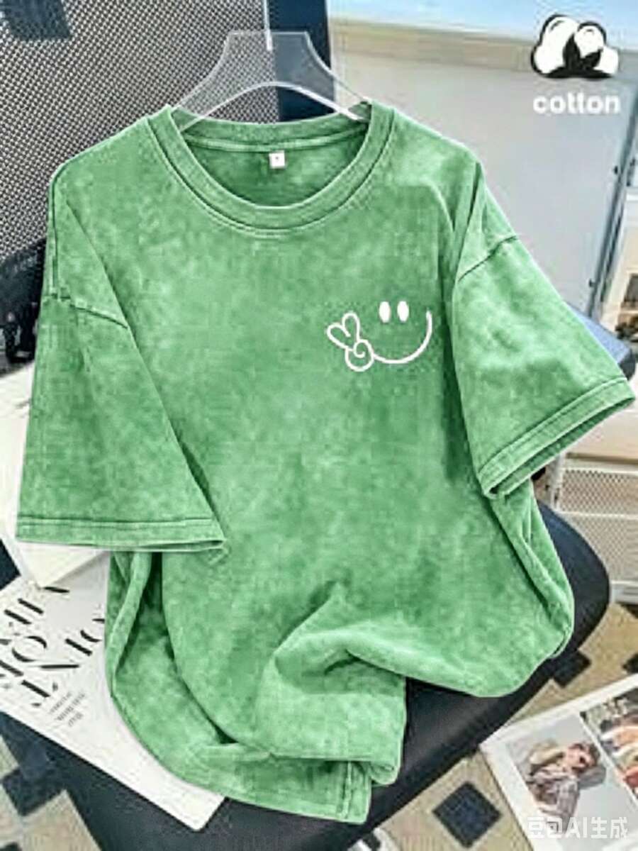 Vintage Washed Cotton Loose-Fit T-Shirt, Cute Face And Heart Print, Women's Casual Tree Style Short-Sleeve Top, Wrinkle-Resistant Washed Cotton T-Shirt Vintage Style--Everyday Outfit T-Shirt Women's Basic Tee - 淺綠 - 查看 1