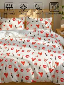 2pcs/3pcs Watercolor Heart-Shaped Lip Print Lipstick Digital Printed Duvet Cover Set (1 Duvet Cover +2 Pillowcases Without Cores), Soft And Skin-Friendly Polyester Chemical Fiber For Daily Use, Suitable For All Four Seasons In The Master Bedroom, Guest Bedroom And Secondary Bedroom - Multicolor - View 7