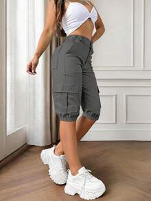 Shorts cargo tipo bermuda para mujer en gris claro, prácticos, con múltiples bolsillos, cintura elástica, puños y bolsillos, estilo casual elegante y lindo Y2K, suaves y cómodos, de poliéster, para playa, vacaciones, universidad, uso diario, regreso a clases, fiesta, temporada de graduación, salidas, viajes, concierto de música country, deportes & fitness, aeropuerto, Día del Maestro, Acción de Gracias, primavera, verano y otoño - Gris Claro - Ver 2