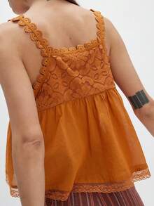 Women Sleeveless Ruffled Lace Trim Boho Spaghetti Crop Top Scoop Neck Flowy Button Down Front Tie Mesh Crop Tank Top - Orange-red - View 5