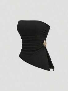Top corto sexy de mujer con detalle fruncido y abertura lateral - Negro - Ver 1