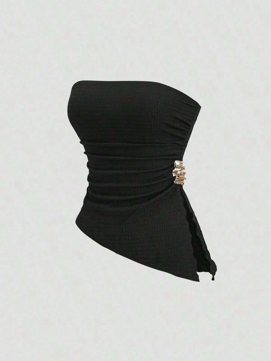 Top corto sexy de mujer con detalle fruncido y abertura lateral - Negro - Ver 1