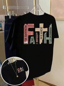 Women's Printed T-Shirt - Casual Short Sleeve Crew Neck T-Shirt In Black With Colorful Distressed Faith Design, Relaxed Fit For All Seasons, Perfect For Everyday Wear And Holiday Outfits (Machine Washable). - 黑色 - 查看 1