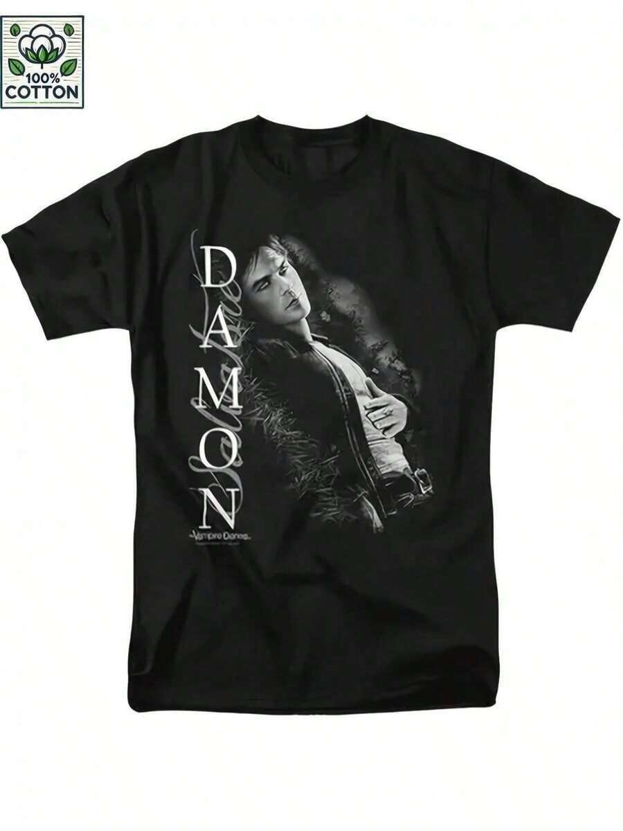 Plus Size-Funny Men's And Women's Round Neck T-Shirt Women's  Fashion T-Shirt,Retro Damon Salvatore Ray Bradbury Mysterious Design Black Casual Short Sleeve Round Neck T-Shirt |   Machine Washable, TV Series Inspired, All-Season, Medium Stretch Fabric, Perfect For Adults And Teens, INFASHULE Brand - Black - View 1