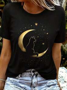 Playera Casual Oversize Mujer con Diseño "Gato en la Luna" - Estilo Celestial y Cute - Negro - Ver 6
