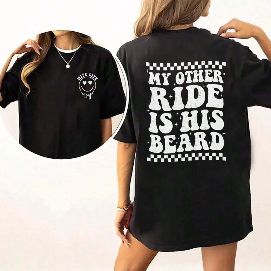 Stylish Casual T-Shirt For Women, Funny Quote Graphic Print T-Shirt, Short Sleeve, Comfortable Cotton T-Shirt For Adults, Tops For Women, Birthday Gift For Women, Women's Clothing, Chic Relaxed Fit Style In Cotton Fabric - 黑色 - 查看 1