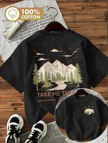 | Exquisite Design | Loose And Comfortable | Easy To Match | [Double-Sided Print] Women's Spring And Summer T-Shirt, Made Of Pure Cotton, Casual Style, Comfortable And Breathable, Short-Sleeved With Print, "Take Me To The Mountains" Themed Design [Hongk]. - 黑色 - 查看 7