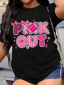 Pink Women's T-Shirt With Heart Print And Leopard Stripes For Breast Cancer Awareness And Support Events. - Hitam - View 1