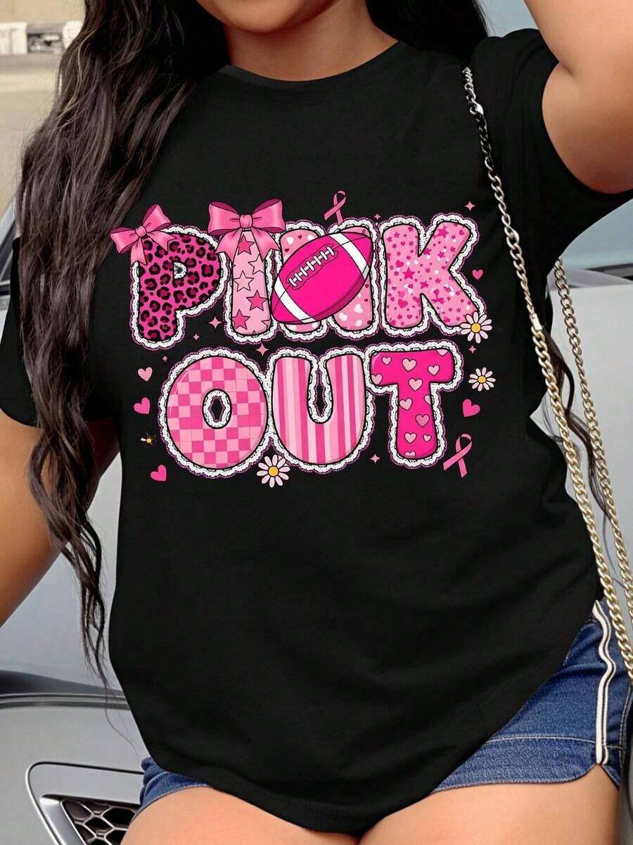 Pink Women's T-Shirt With Heart Print And Leopard Stripes For Breast Cancer Awareness And Support Events. - Hitam - View 1