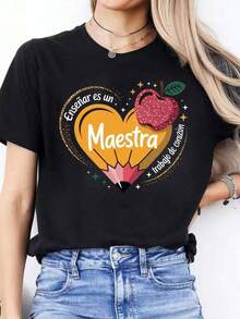 Camiseta negra informal de manga corta con cuello redondo para hombre,Camisetas Para Mujer Camiseta única con diseño vibrante de corazón y manzana destacando la frase Enseñar es un Maestra trabajo de corazón ideal para educadores y amantes de la enseñanza estilo y2k perfecta para expresar tu pasión por la educación y hacerla brillar en cada ocasión - Negro - Ver 1