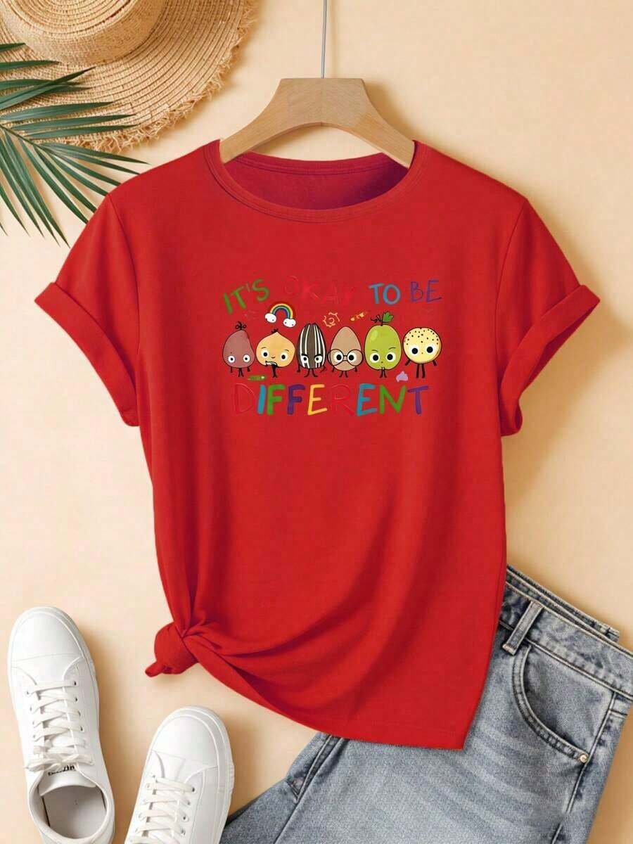 1PC Women's Plus Size Short Sleeve Crew Neck T-Shirt With Fruit And Vegetable Cartoon Print, Casual Summer Style, Loose Fit. Suitable As A Gift. Women's T-Shirt. Blouses>Elegant. Boho Chic. Soft, Breathable, And Comfortable Women's Top, Ideal For Spring, Summer, And Autumn, Perfect For Vacations, Travel, And Everyday Wear. - 紅色 - 查看 1