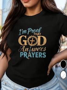 Women's Inspirational T-Shirt With "I Am God's Answer To Prayer" Print - Casual Loose-Fitting T-Shirt With Short Sleeves And A Round Neck With A Cross Design, Breathable For Summer, Suitable For Everyday Wear And Parties, Machine Washable, Comfortable For Daily Wear, R - 黑色 - 查看 6