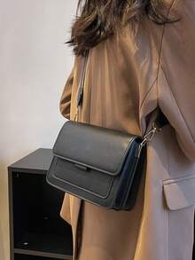 Mini Retro Colorblock Square Crossbody Bag, Versatile Casual Modern Style Flap Bag, PU Leather Material Small Bag - Black - View 5