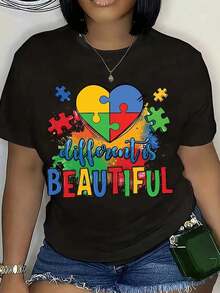 Diferente es Hermoso: Camiseta con Corazón de Rompecabezas de Concientización sobre el Autismo para Mujeres y Hombres, Ropa Casual Unisex, Perfecta para el Mes de Concientización sobre el Autismo o para Uso Diario, Camiseta de Algodón - Negro - Ver 3