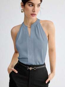 Camiseta de tirantes elegante con cuello de ojo de cerradura de unicolor, versátil para ir al trabajo, uso diario, retro romántico de los 90, adecuada para Navidad, Año Nuevo, San Valentín, fiesta, playa, graduación, moda, carnaval, vacaciones, in - Azul - Ver 11
