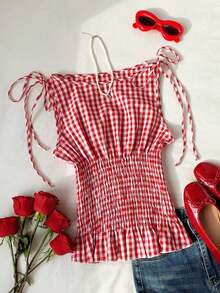Blusa casual de mujer de algodón a cuadros naranja con tirantes tejidos y cordón en la cintura, blusa a cuadros naranja de verano, adecuada para el Día de San Valentín, el Carnaval, la playa, las vacaciones, el uso casual, la calle, la univers - Rojo - Ver 7