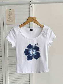 Camiseta ajustada de mujer con cuello de pico, manga raglán y patrón minimalista, 95% algodón, color caqui - Multicolor 5 - Ver 3