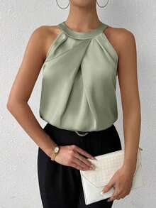 Privé Blusa de satén sin mangas con cuello de volantes de unicolor elegante para la oficina y el trabajo, color champán - Verde - Ver 1